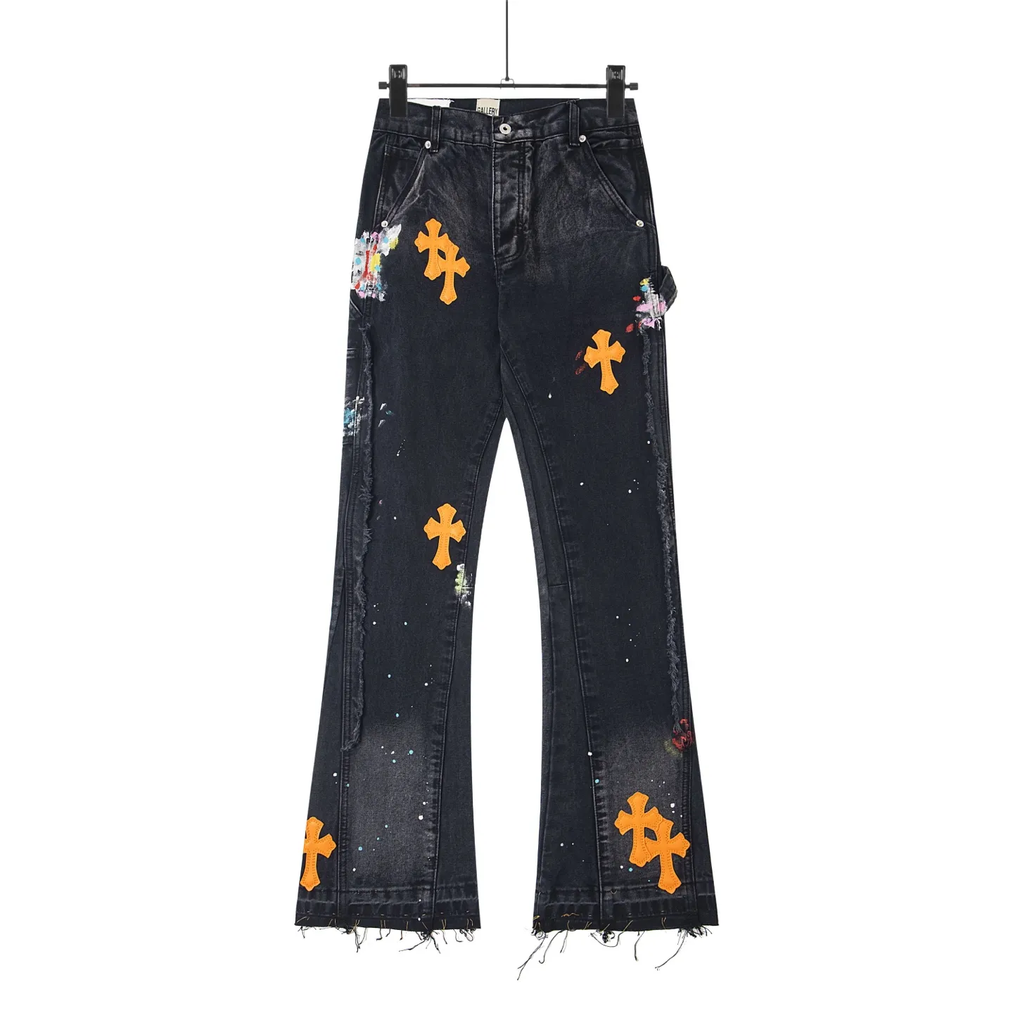 #8176 P260💰 Independent GALLERY DEPT. Vintage splash-ink splicing black and orange cross loose washed flared jeans - truly restore the ultimate vintage texture - original hardware accessories washed and other elevators, QR code analysis are all purchased from the original factory, high degree of restoration, you are welcome to compare with a certain product ~ - three-dimensional version Loose and comfortable, not picky about the figure, tall and slim, factory Seiko, original factory quality control, same style for men and women, can be matched with couples, versatile recommendation Essential jeans for all seasons - sizes: 28 30 32 34 36